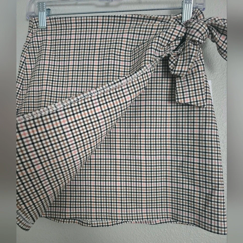 Originality Plaid Mini Skirt Wrap Front‎ Tie Closure Brown Pink Black Size 17